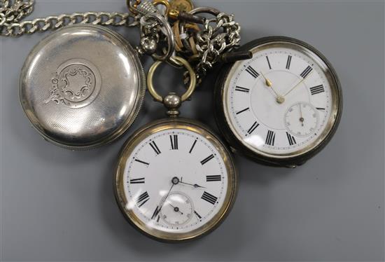 Three assorted silver pocket watches including a hunter.
